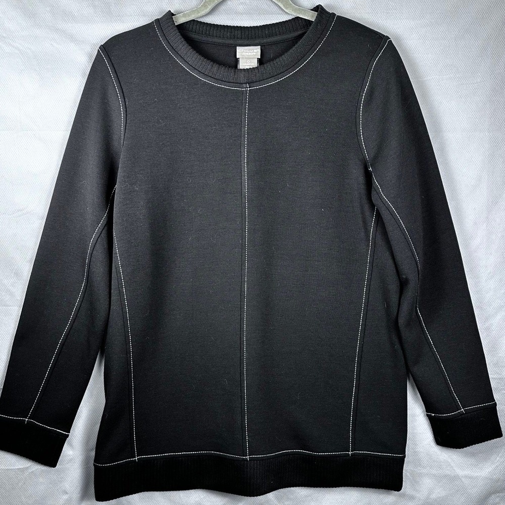 Chico's Zenergy Black L/S Crew Neck Pullover Contrast Stitch Athleisure Size 0